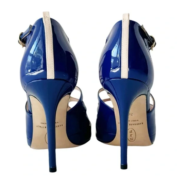 SJP Sarah Jessica Parker Denise Blue Patent T Strap Pump36 NWOB